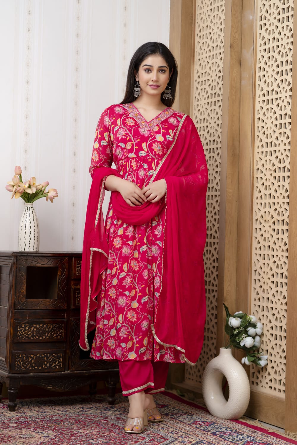 Pink Chinon Anarkali Kurta Pant Dupatta