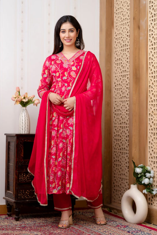 Pink Chinon Anarkali Kurta Pant Dupatta