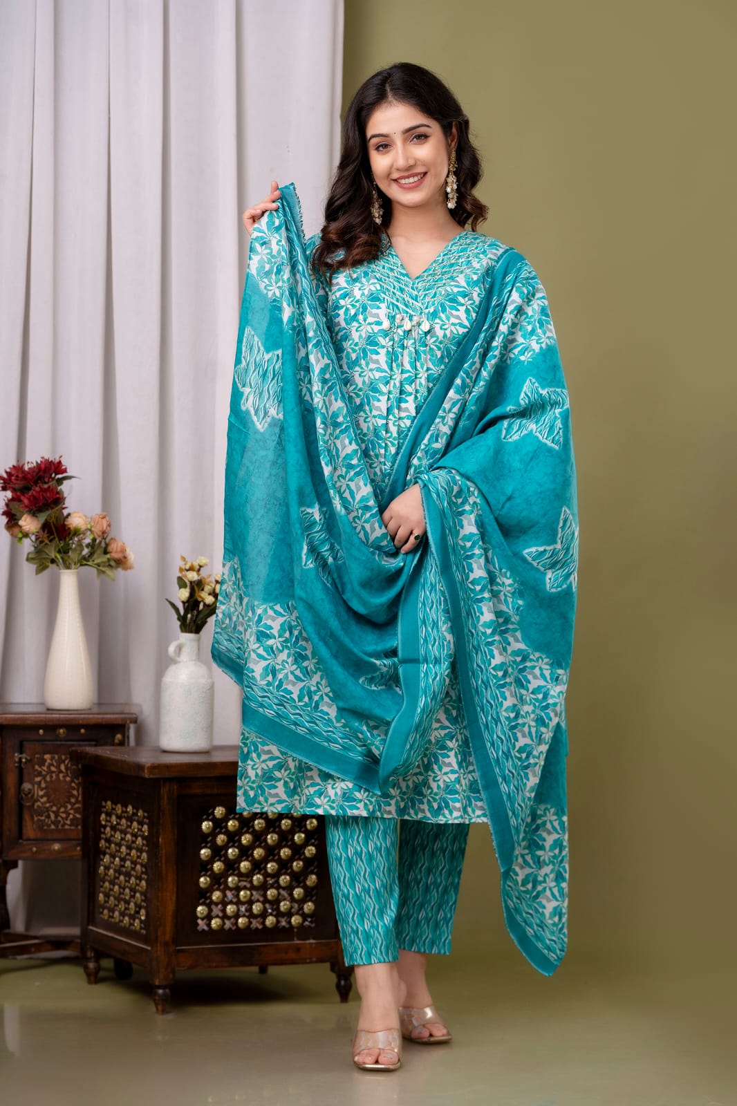 Sea Green A-line Kurta Pant Dupatta