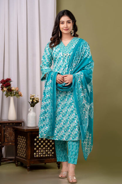 Sea Green A-line Kurta Pant Dupatta