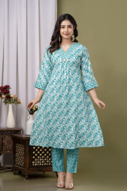 Sea Green A-line Kurta Pant Dupatta