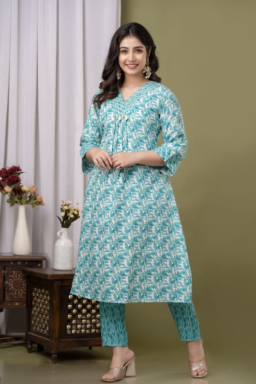 Sea Green A-line Kurta Pant Dupatta