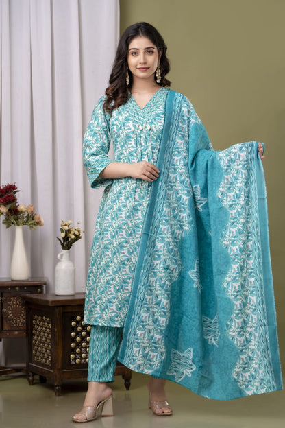 Sea Green A-line Kurta Pant Dupatta