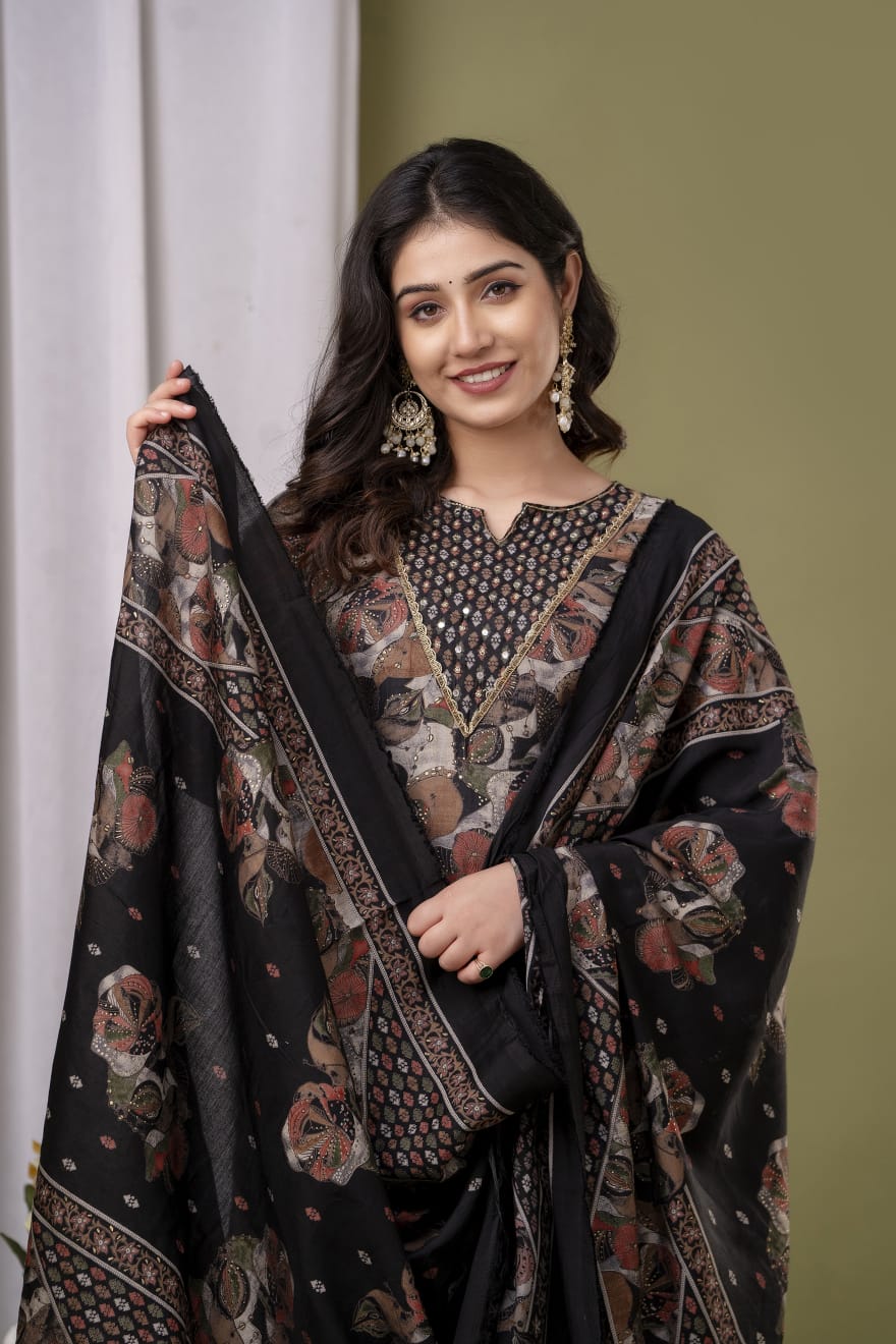 Black Roman Silk Kurta Pant Dupatta