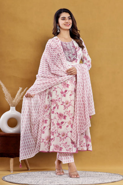 Pink Floral Anarkali Kurta with Pant Dupatta