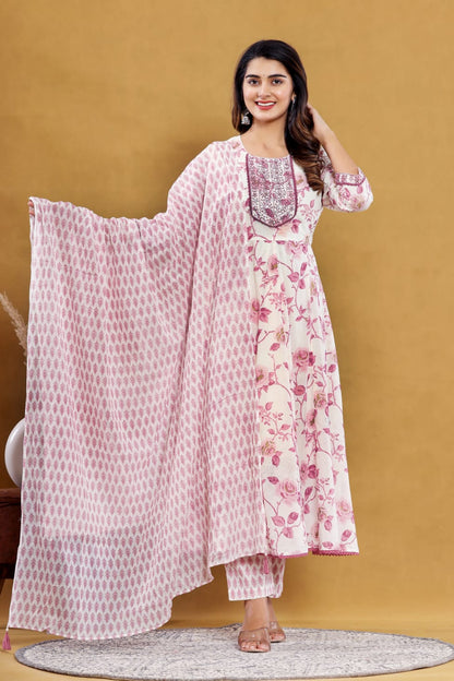 Pink Floral Anarkali Kurta with Pant Dupatta