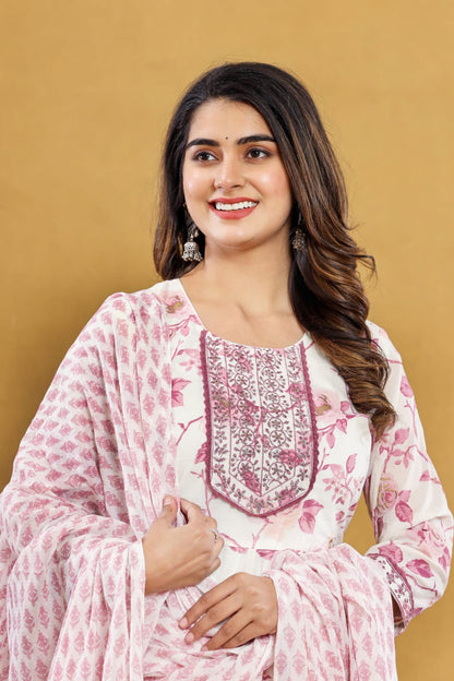 Pink Floral Anarkali Kurta with Pant Dupatta