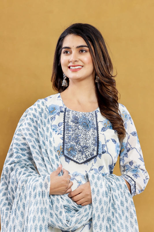 Blue Floral Anarkali Kurta with Pant Dupatta