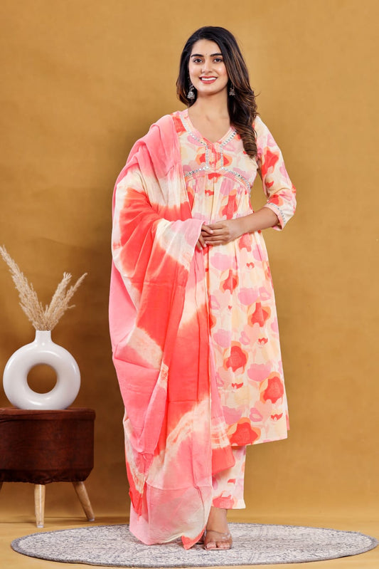 Peach Cotton Alia Cut Printed Kurta Pant Dupatta