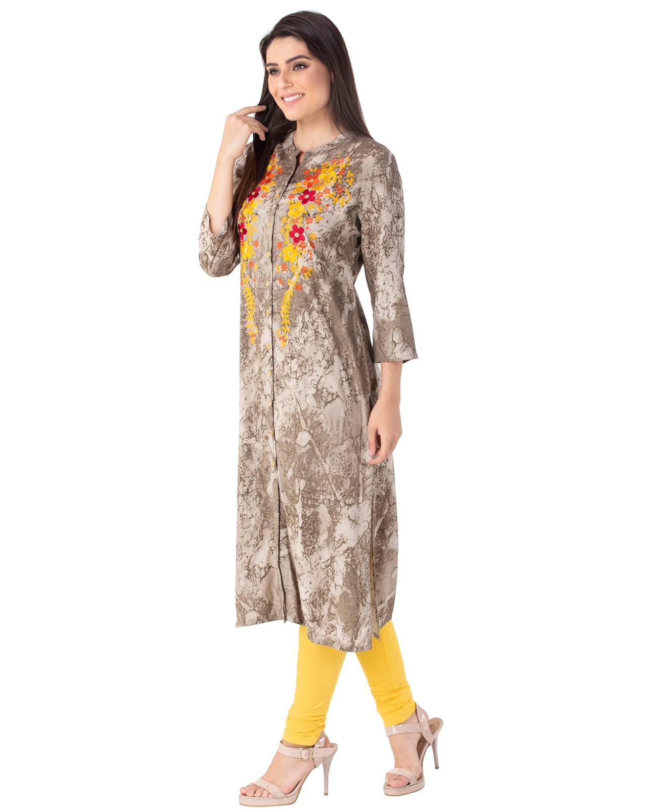 Grey Printed Kurti with Embroidery Work