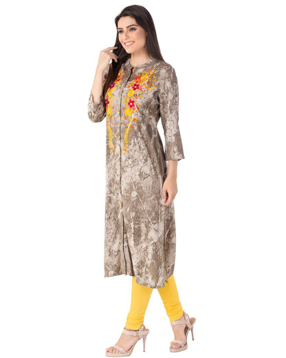 Grey Printed Kurti with Embroidery Work