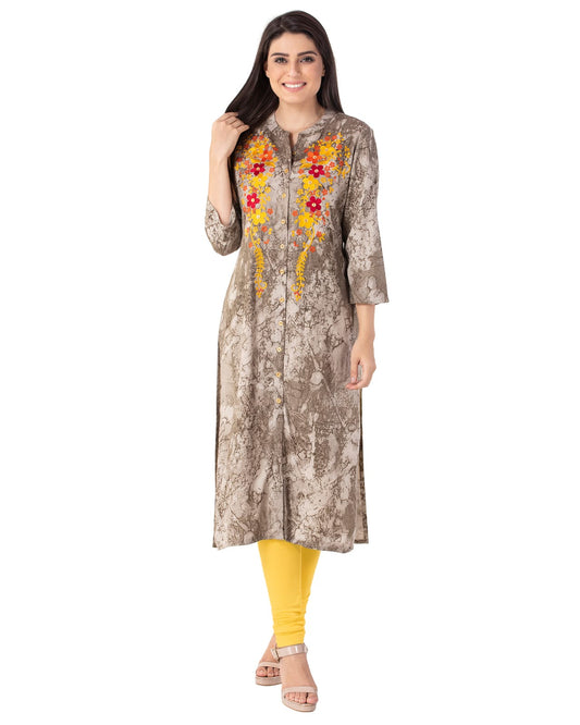 Grey Printed Kurti with Embroidery Work