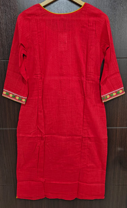 Red Cotton Multicolour Embroidered Kurti