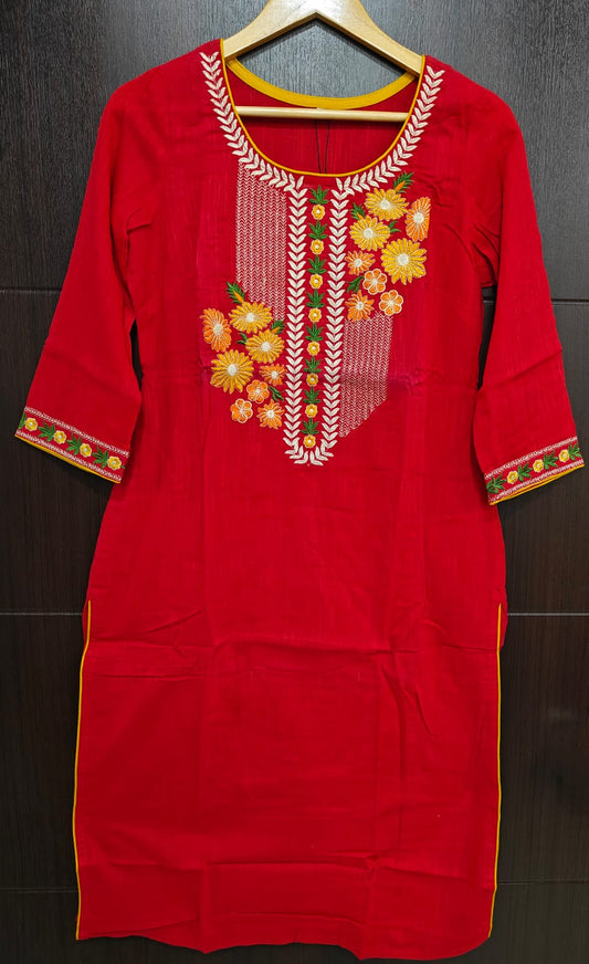 Red Cotton Multicolour Embroidered Kurti