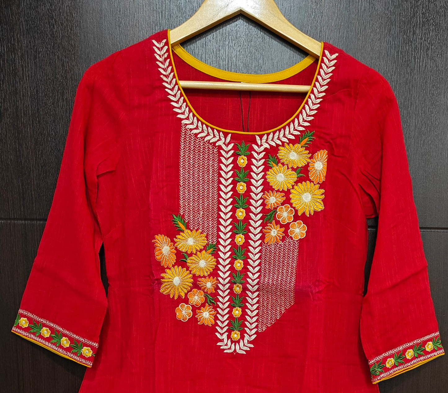 Red Cotton Multicolour Embroidered Kurti