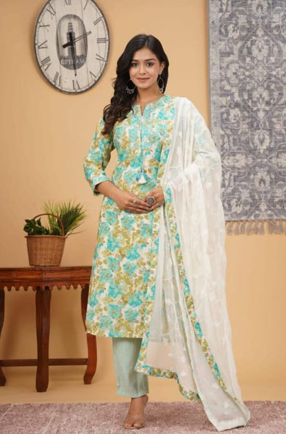 Green Printed Kurta Lehariya Pant Dupatta