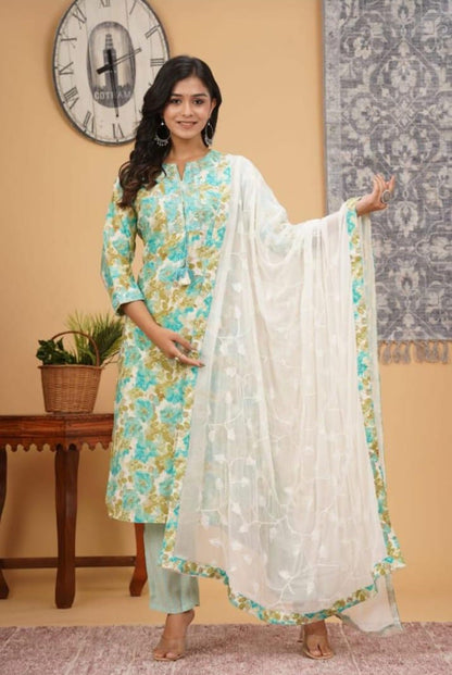 Green Printed Kurta Lehariya Pant Dupatta