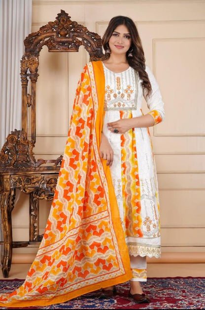 Orange Anarkali Embroidered Kurta Pant Dupatta