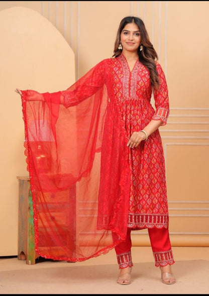 Red Rayon Printed Kurta Pant Dupatta