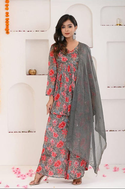 Grey Pink Floral Chinon Kurta Sharara Dupatta