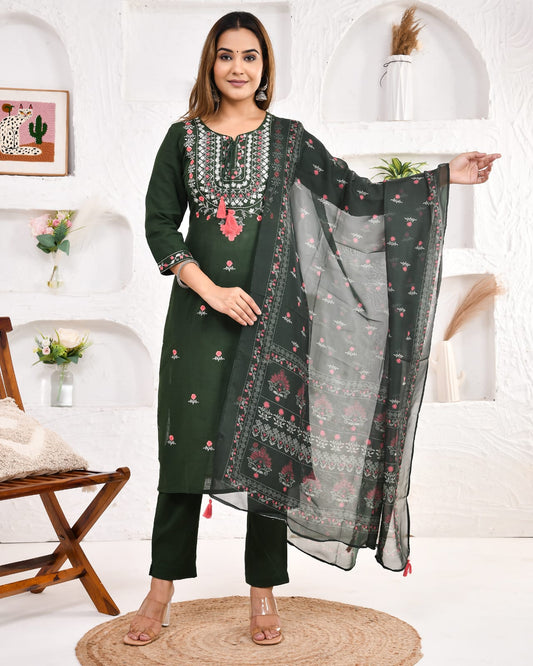 Green Printed Kurta Pant Dupatta