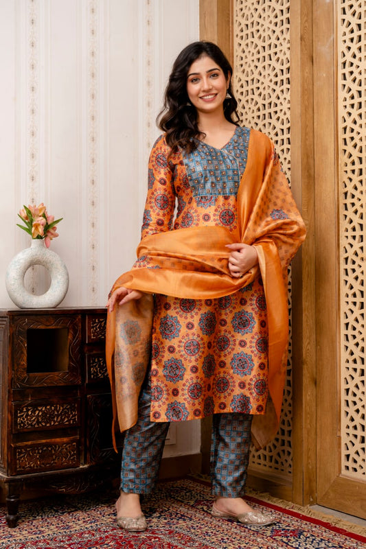 Orange Grey Manipuri Silk Printed Kurta Pant Dupatta