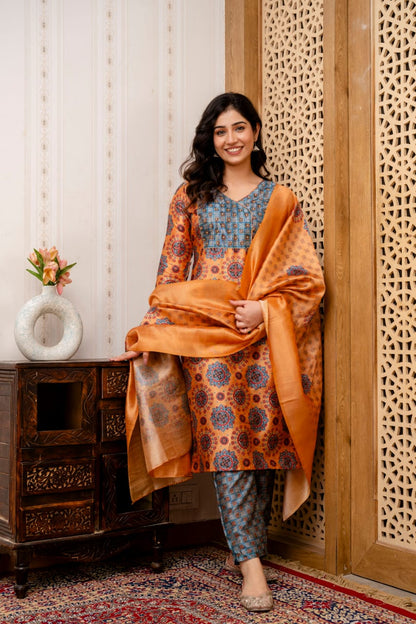 Orange Grey Manipuri Silk Printed Kurta Pant Dupatta