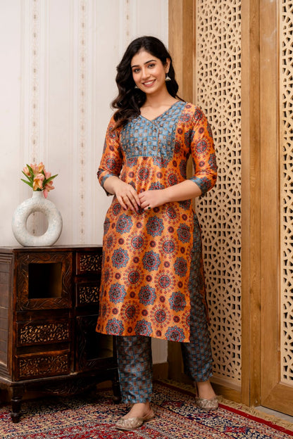 Orange Grey Manipuri Silk Printed Kurta Pant Dupatta