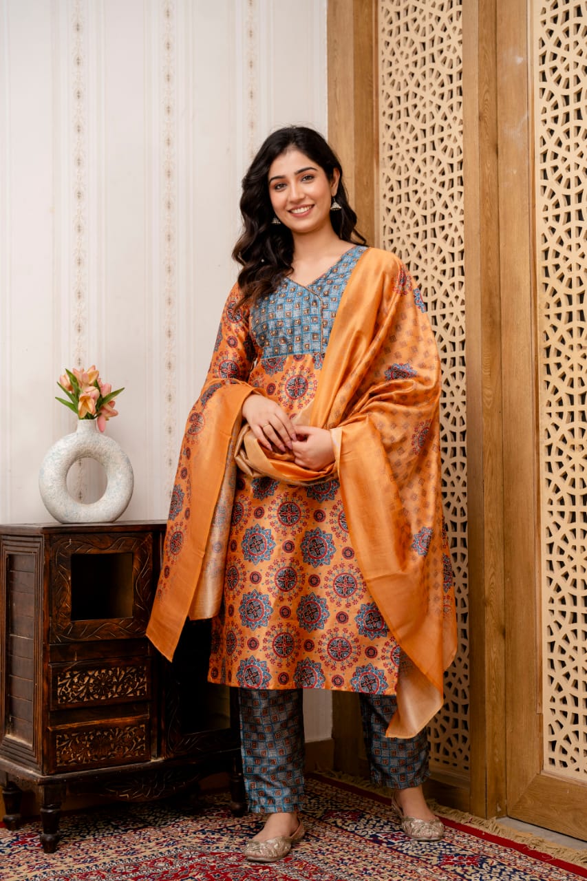 Orange Grey Manipuri Silk Printed Kurta Pant Dupatta