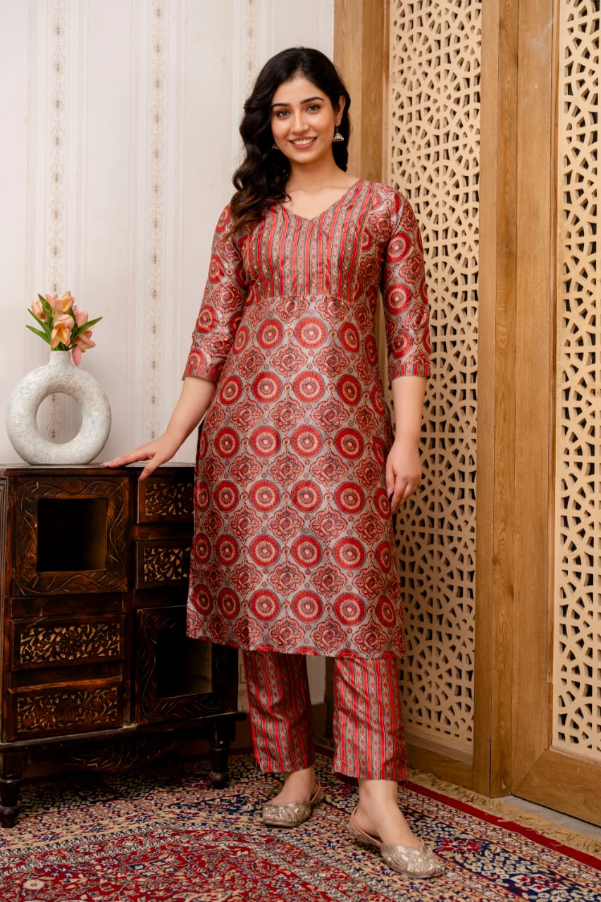 Red Grey Manipuri Silk Printed Kurta Pant Dupatta