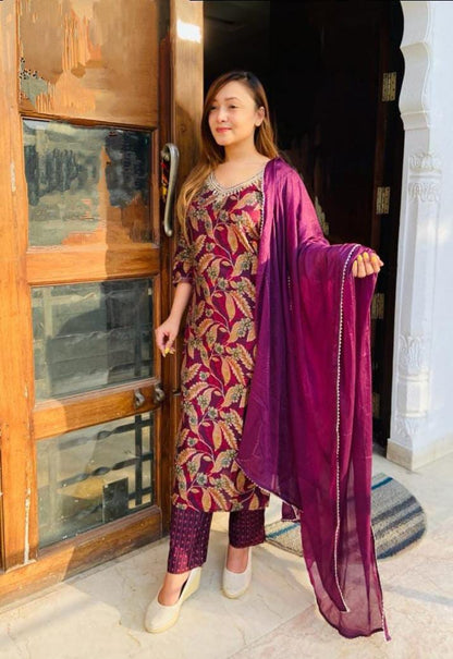 Wine Floral Kurta with Pant Dupatta