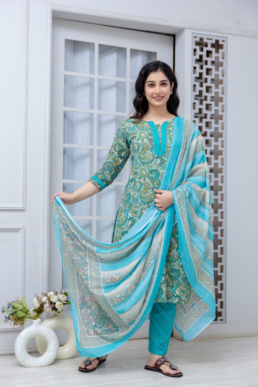 Sea Green Straight Kurta Pant with Printed Dupatta