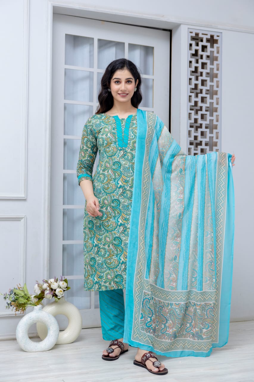 Sea Green Straight Kurta Pant with Printed Dupatta