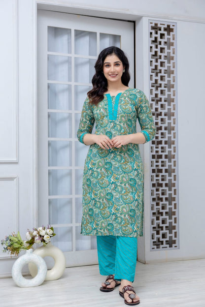 Sea Green Straight Kurta Pant with Printed Dupatta