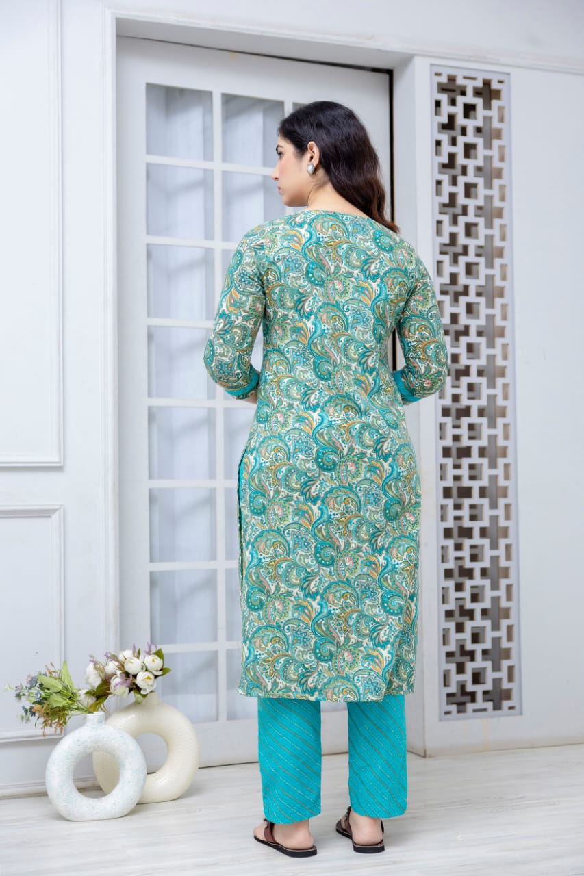 Sea Green Straight Kurta Pant with Printed Dupatta