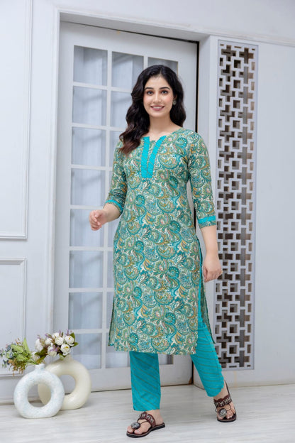 Sea Green Straight Kurta Pant with Printed Dupatta