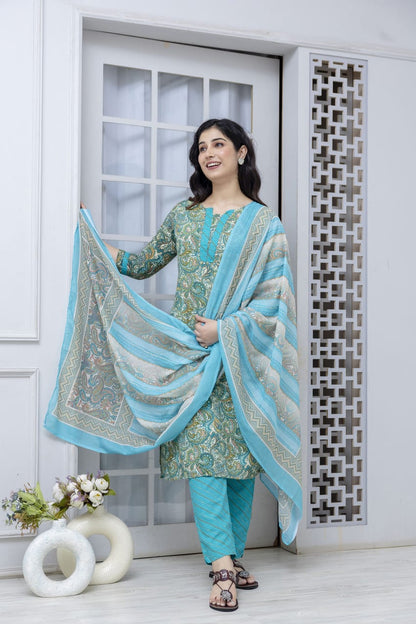 Sea Green Straight Kurta Pant with Printed Dupatta