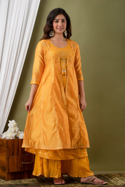 Yellow Modal Chanderi Embroidered Kurta, Plazzo Set with Jacket