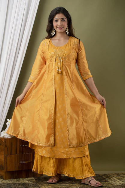 Yellow Modal Chanderi Embroidered Kurta, Plazzo Set with Jacket