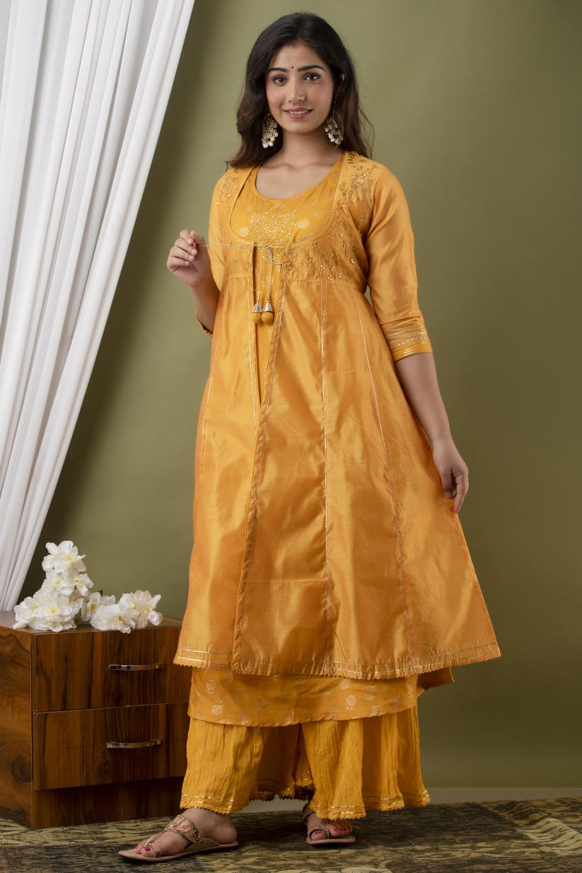 Yellow Modal Chanderi Embroidered Kurta, Plazzo Set with Jacket