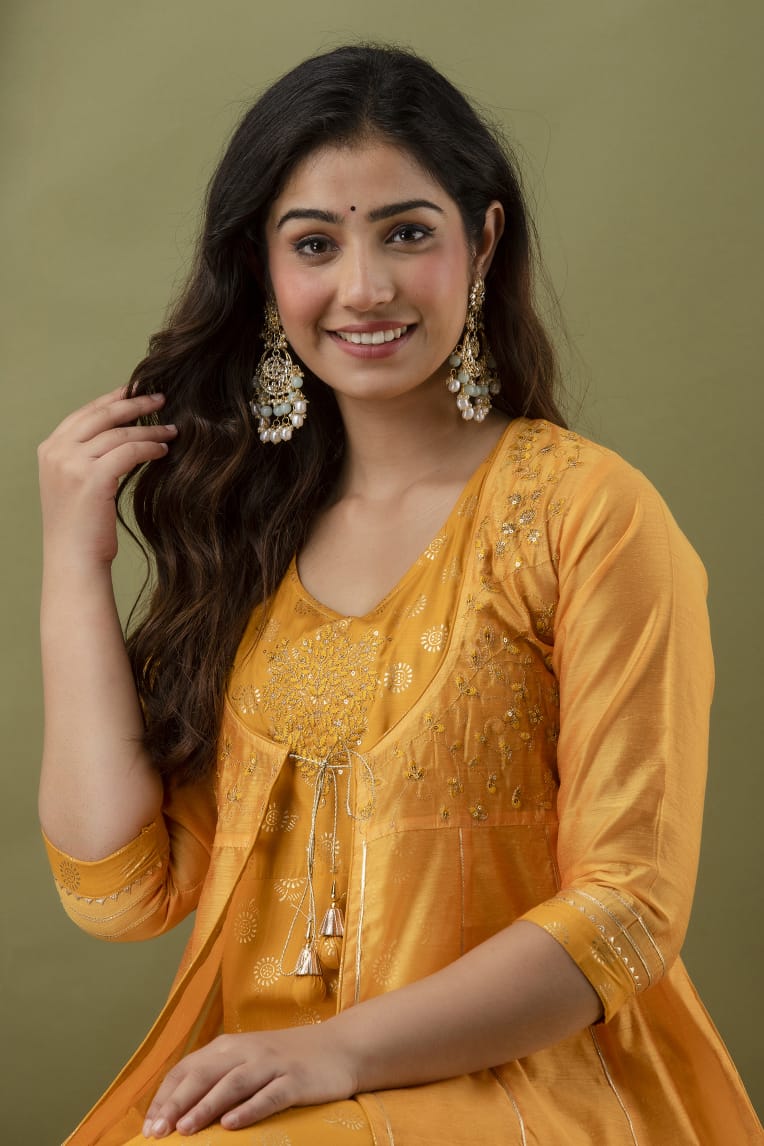 Yellow Modal Chanderi Embroidered Kurta, Plazzo Set with Jacket