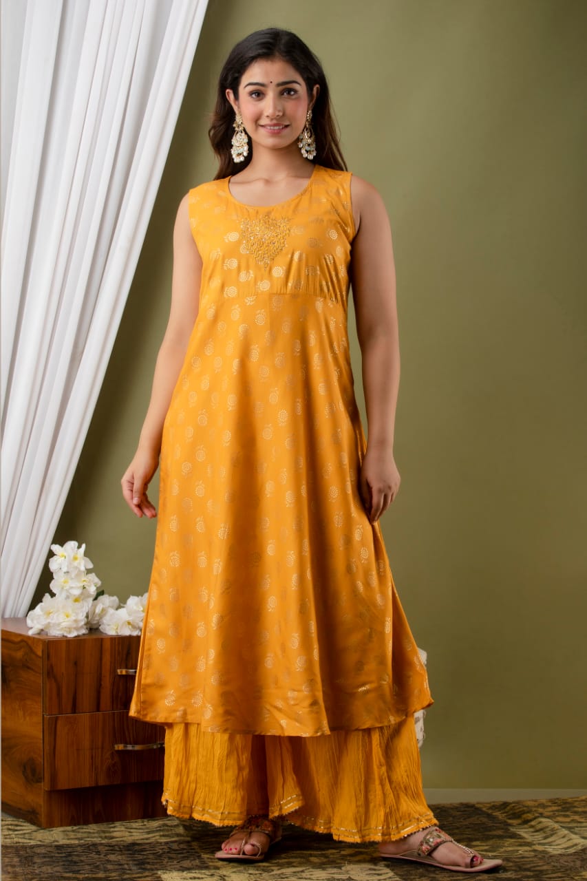 Yellow Modal Chanderi Embroidered Kurta, Plazzo Set with Jacket