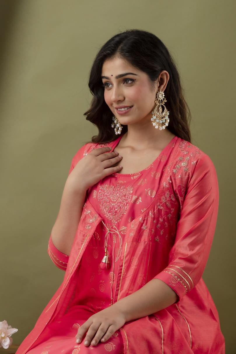 Pink Modal Chanderi Embroidered Kurta, Plazzo Set with Jacket