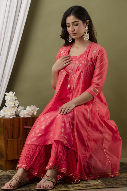 Pink Modal Chanderi Embroidered Kurta, Plazzo Set with Jacket