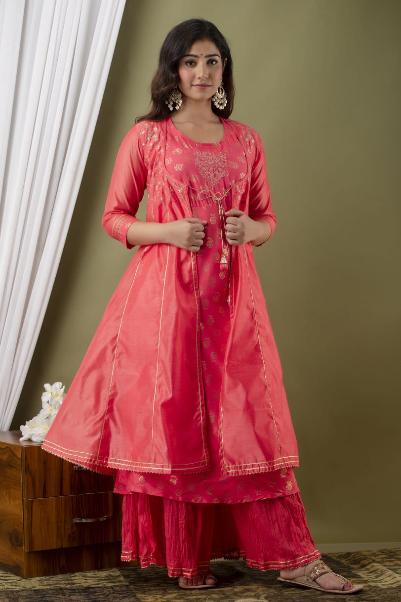 Pink Modal Chanderi Embroidered Kurta, Plazzo Set with Jacket