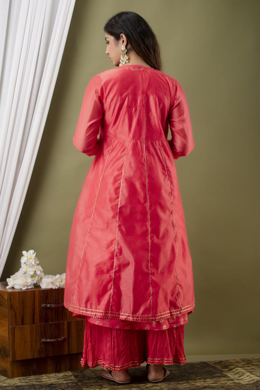 Pink Modal Chanderi Embroidered Kurta, Plazzo Set with Jacket