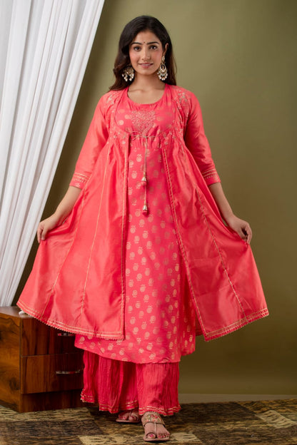 Pink Modal Chanderi Embroidered Kurta, Plazzo Set with Jacket