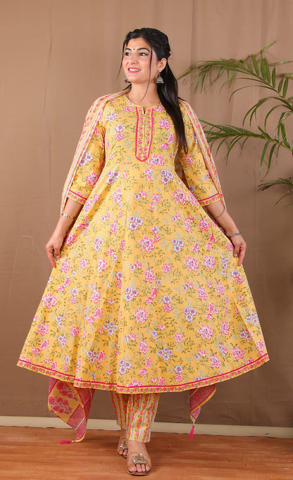 Yellow Floral Anarkali Kurta Pant with Dupatta