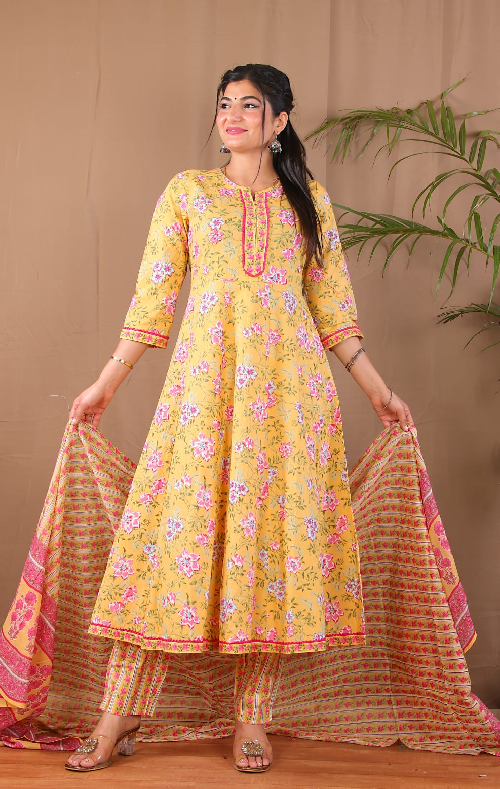 Yellow Floral Anarkali Kurta Pant with Dupatta