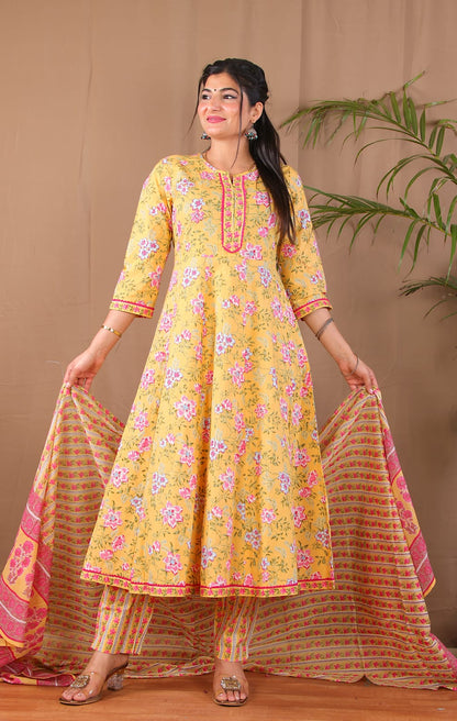 Yellow Floral Anarkali Kurta Pant with Dupatta